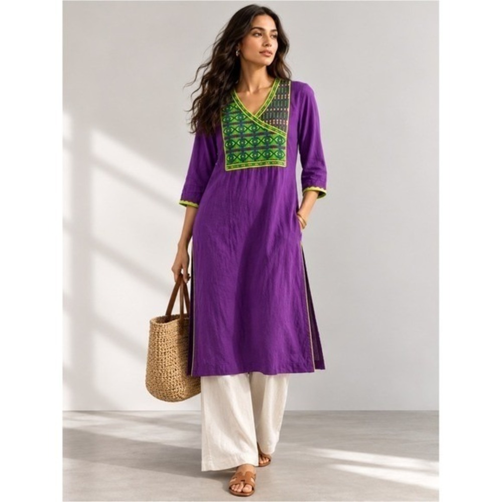 Aarong Kurta Tunic Cotton Embroidered 38 Boho Purple Green Midi Dress Tunic